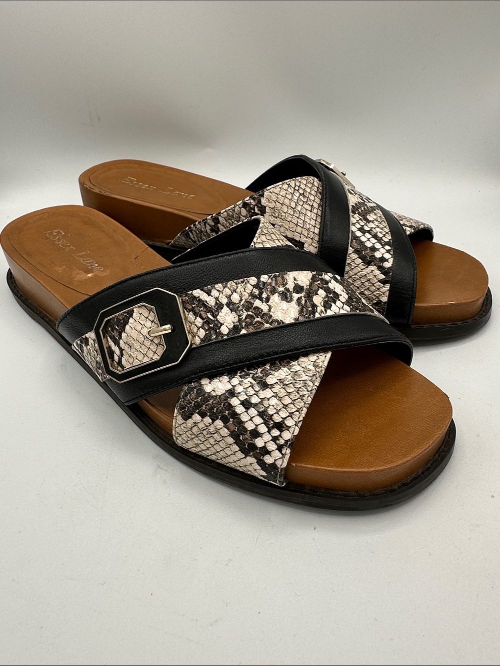 Essex Lane snakeskin print Alina crisscross slide sandals, size 7.5